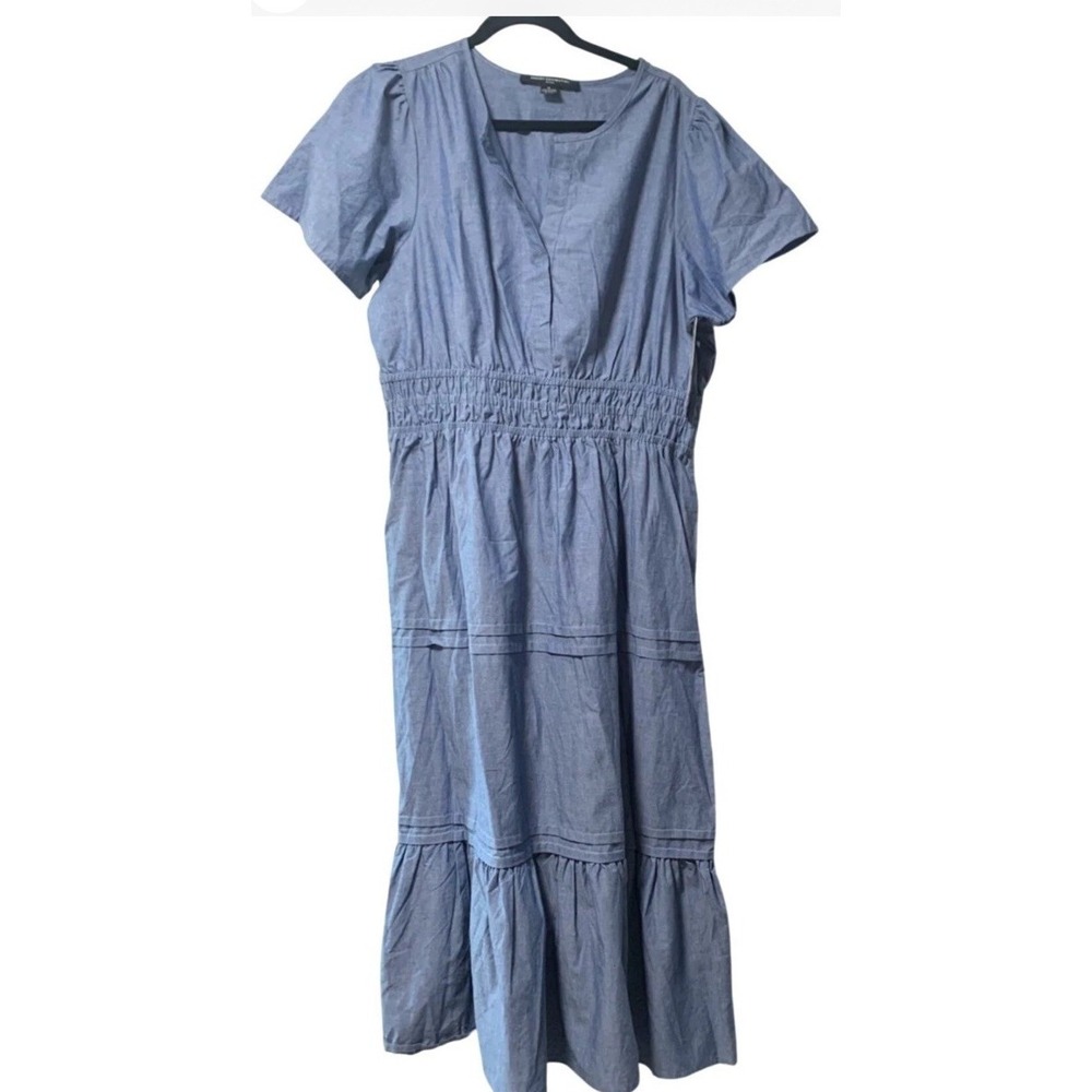 French Connection Chambray Tiered Maxi Dress L Cotton Smocked Boho Prairie